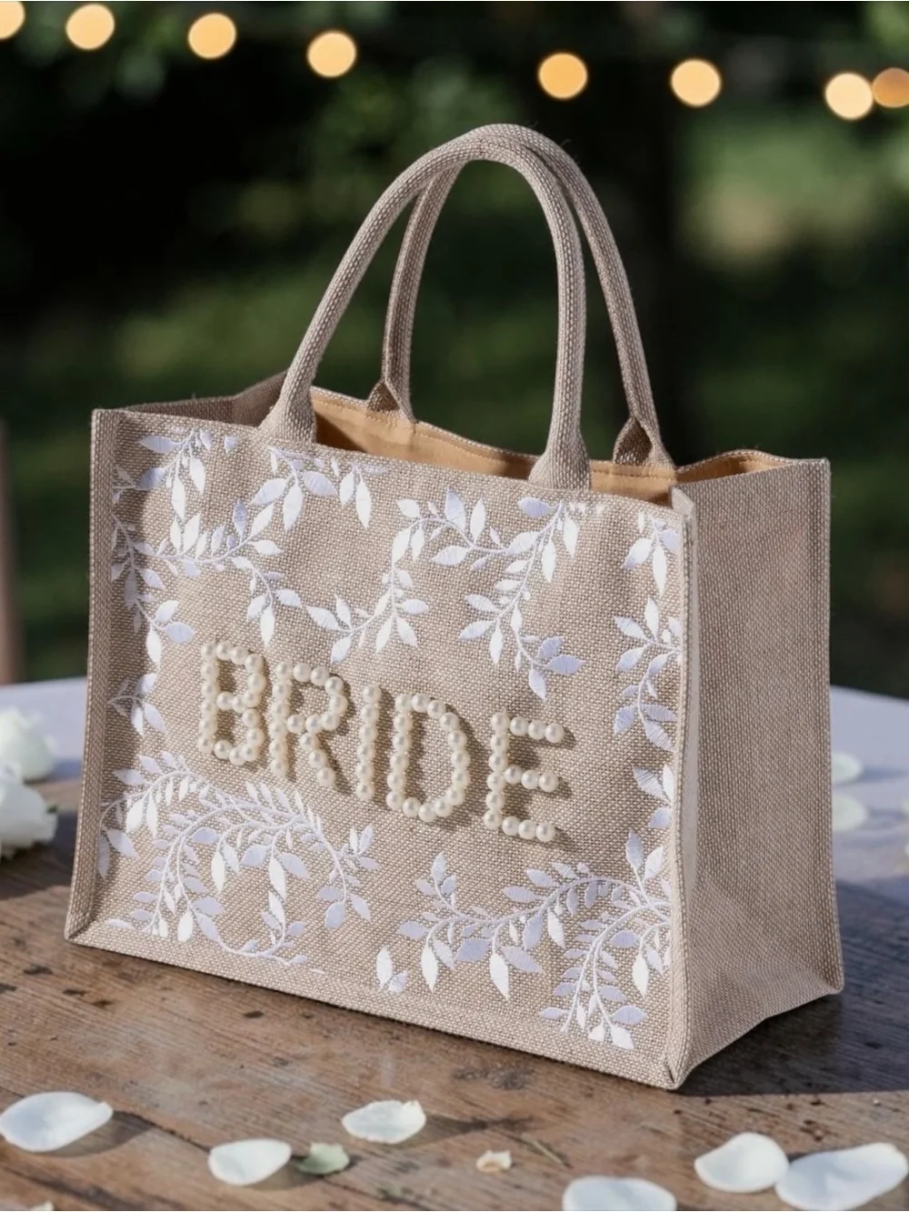 Shiraleah Natural Jute Bride Tote with Pearl Lettering